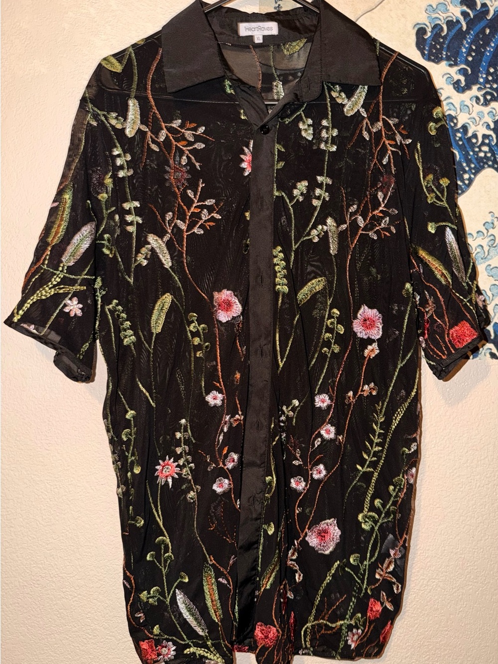 iHeartRaves Black Sheer Floral Embroidered Button-Down Shirt
